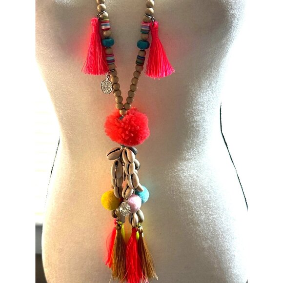 Vibrant Boho Long Tassel Necklace Cowrie Shells Pom Poms Beads Statement - Picture 3 of 9